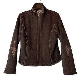 LL Bean Black Printed Sherpa Jacket Large Petite Fitted Short Cozy Faux Shearlin